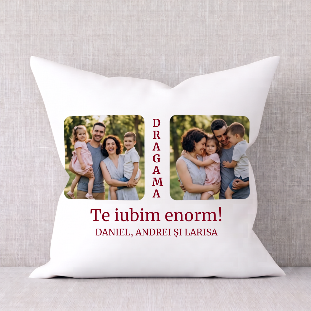 Husă Pernă Personalizată cu 2 Poze si mesaj  — Cadou  Familie