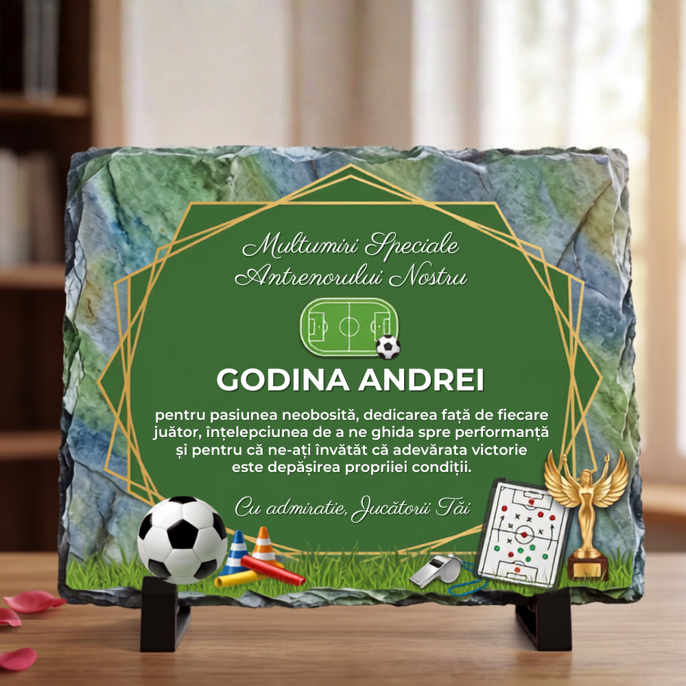 Placă Ardezie Personalizată cu Poză și Mesaj — Cadou Antrenor Fotbal