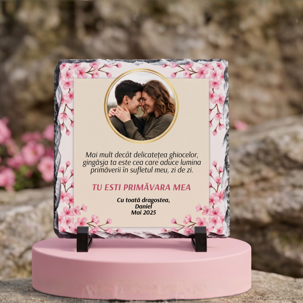 Placă Ardezie Personalizată cu Poză și Mesaj — Cadou Cuplu Tu esti primavara mea