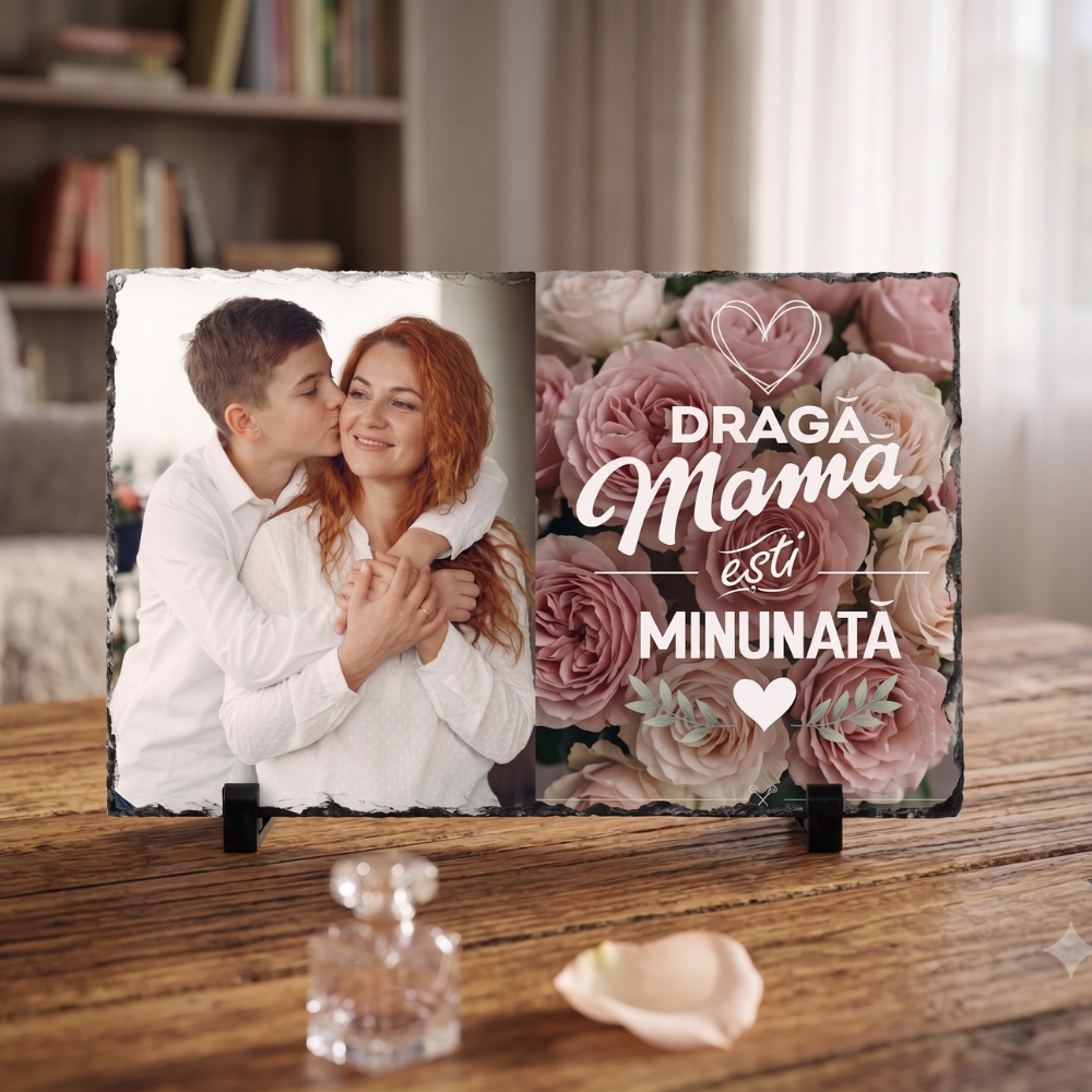 Placă Ardezie Personalizată cu Poză și Mesaj — Cadou Draga Mama esti minunata