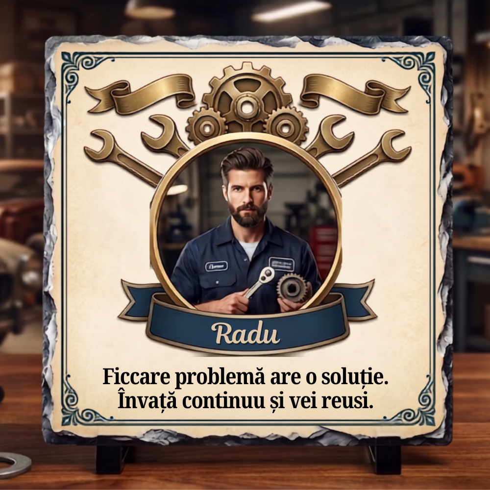 Placă Ardezie Personalizată cu Poză și Mesaj — Cadou Mecanic