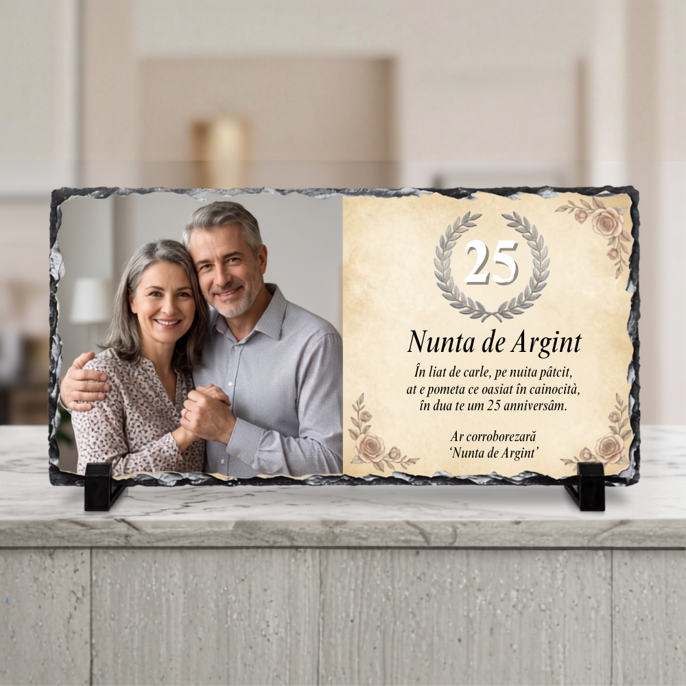 Placă Ardezie Personalizată cu Poză și Mesaj — Cadou Nunta de Argint 25 Ani