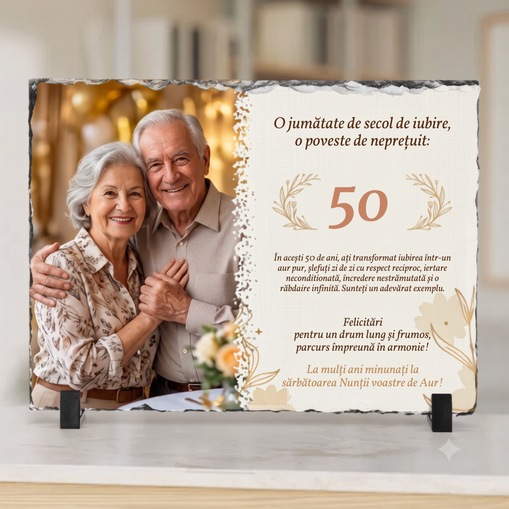 Placă Ardezie Personalizată cu Poză și Mesaj — Cadou Nunta de Aur 50 Ani