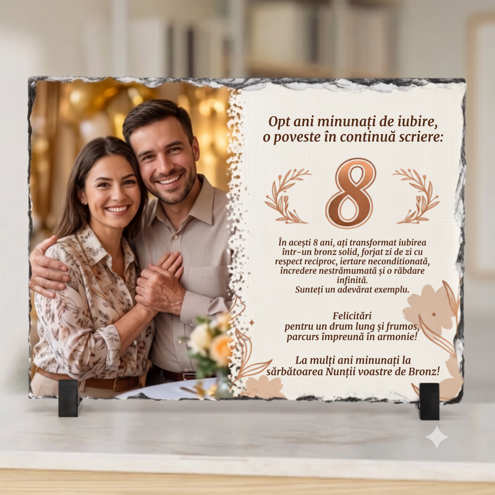 Placă Ardezie Personalizată cu Poză și Mesaj — Cadou Nunta de Bronz 8 Ani