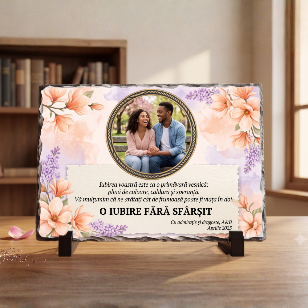 Placă Ardezie Personalizată cu Poză și Mesaj — Cadou aniversare cuplu