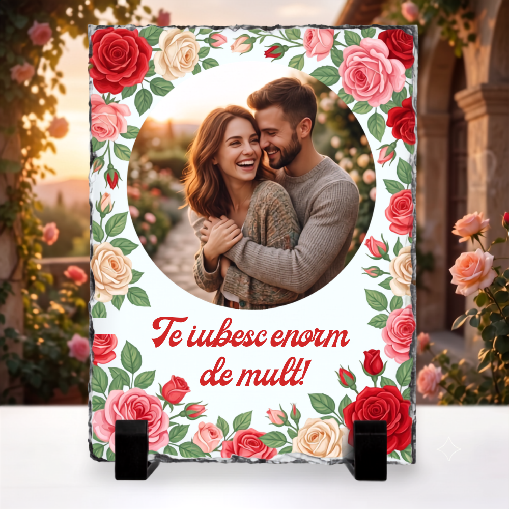 Placă Ardezie Personalizată cu Poză și Mesaj — Cadou cuplu te iubesc enorm