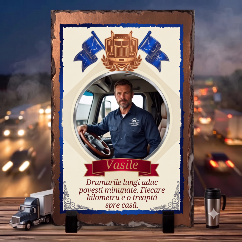 Placă Ardezie Personalizată cu Poză și Mesaj — Cadou sofer tir